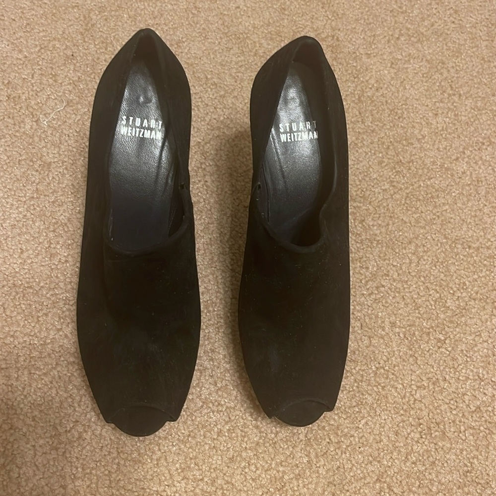 Stuart Weitzman Black Open Toe Stilletto Platform Suede Booties Size 8.5